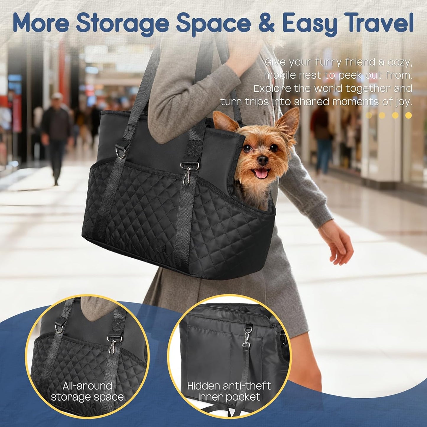 YUDODO Dog Purse Carrier for Small Dogs, Soft-Sided Pet Carrier with Large Pockets & Safety Harness Clip, Collapsible Dog Tote Bag, Travel Carriers up to 10 lbs, Black