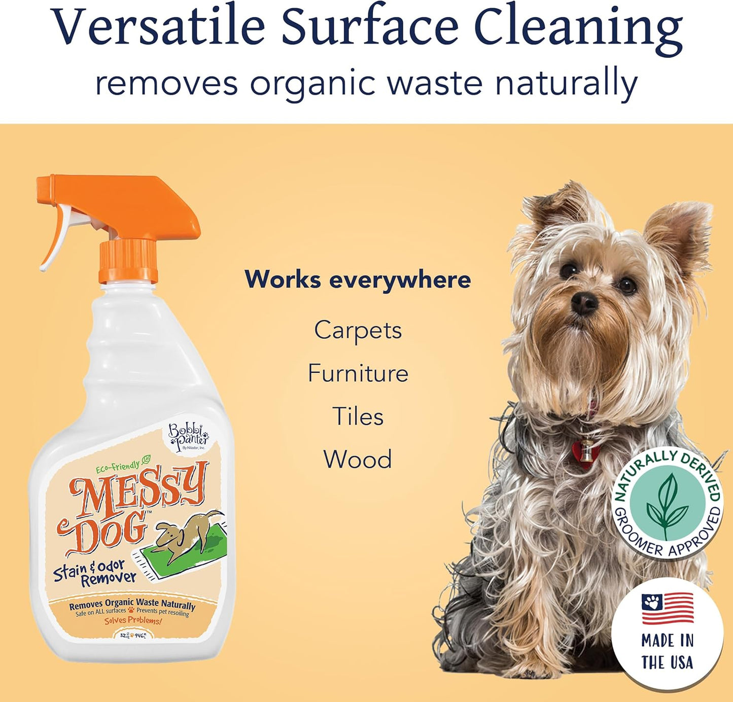 Bobbi Panter Messy Dog Stain & Odor Remover - (Case of 12) Bio-Enzymatic Power, Biodegradable Formula for Tough Stains & Odors, Earth-Friendly & Pet-Safe, Non-Toxic, 32 fl. oz. Spray Bottles