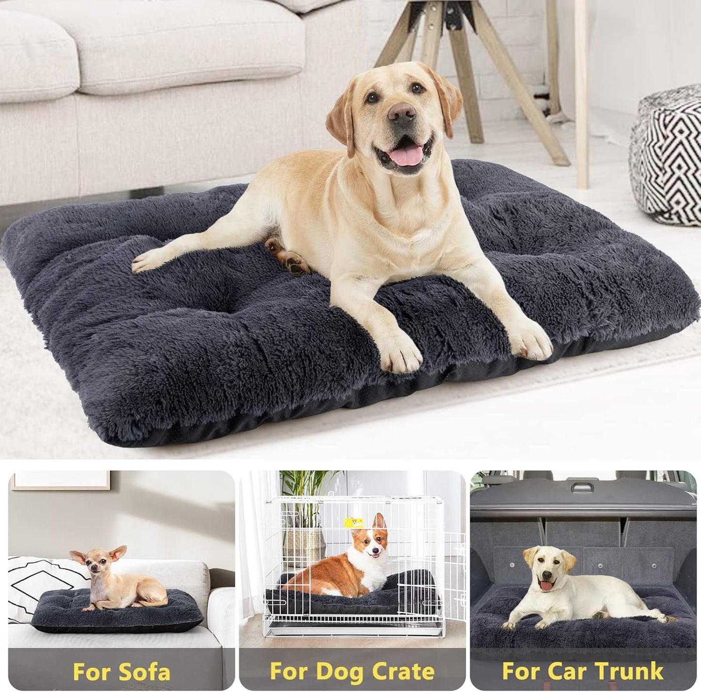 JOEJOY Large Dog Bed Crate Pad, Deluxe Plush Washable Dog Beds Fulffy Soft Kennel Pad Anti-Slip Pet Sleeping Mat for Extra Large Medium Small Dogs, 47" x 29", Grey