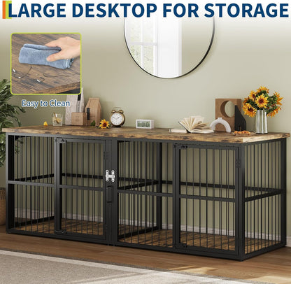 Extra Large Double Dog Crate Furniture with Divider – Heavy Duty Wooden Kennel Cage – Fits 2 Medium or Large Dogs – 3 Doors, Modern TV Stand, Indoor Pet House – Black