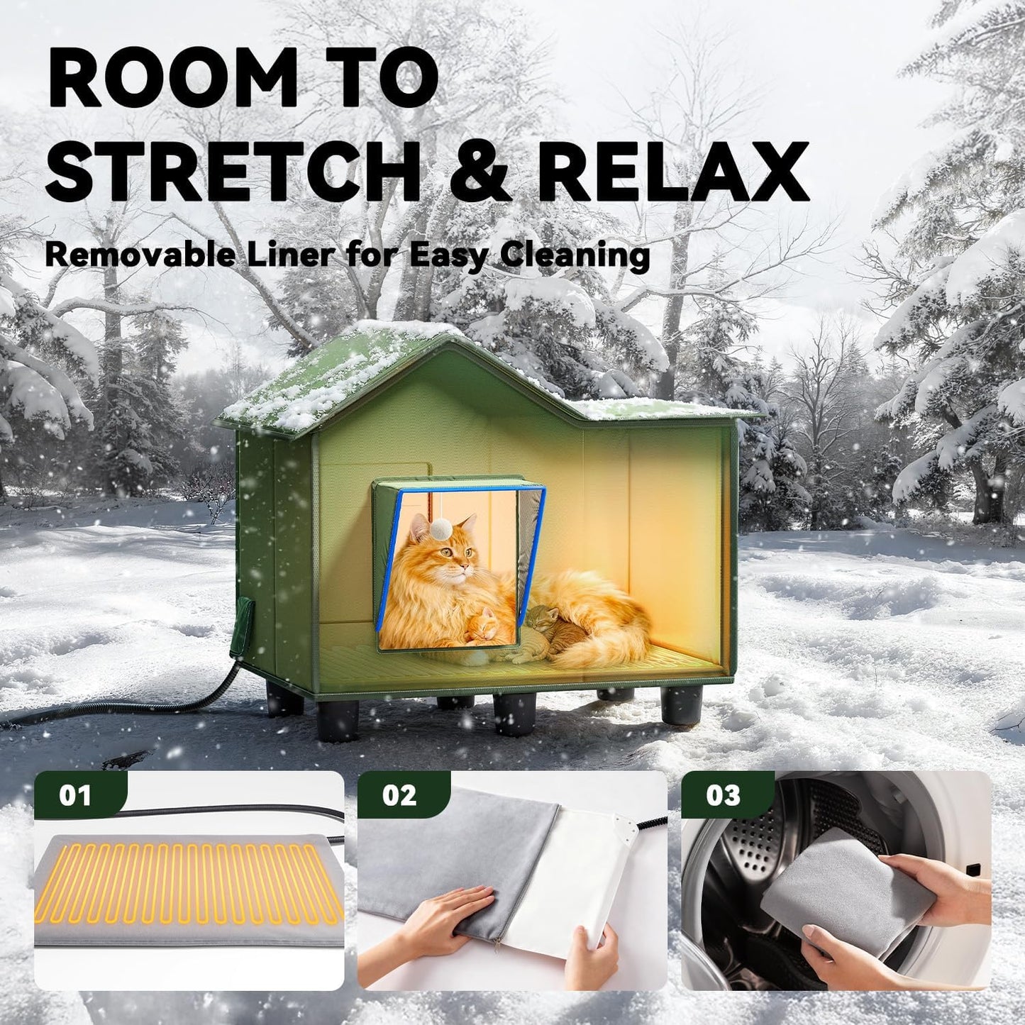 Heated Cat Shelter for Outside, Large Outdoor Cat House with Roof Window and Cozy Cushion, Weatherproof Foldable and Easy Assembly Design, Ideal for Stray and Feral Cats