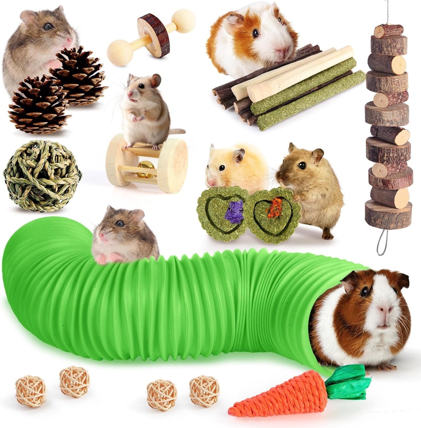 Kyouki Hamster Toys Guinea Pig Toys Set with Tunnel, Chewable Apple Wood & Natural Timothy Hay - Enrichment Chew Toys for Small Animals - 24+ Cage Accessories for Teeth Care & Boredom Relief (Green)