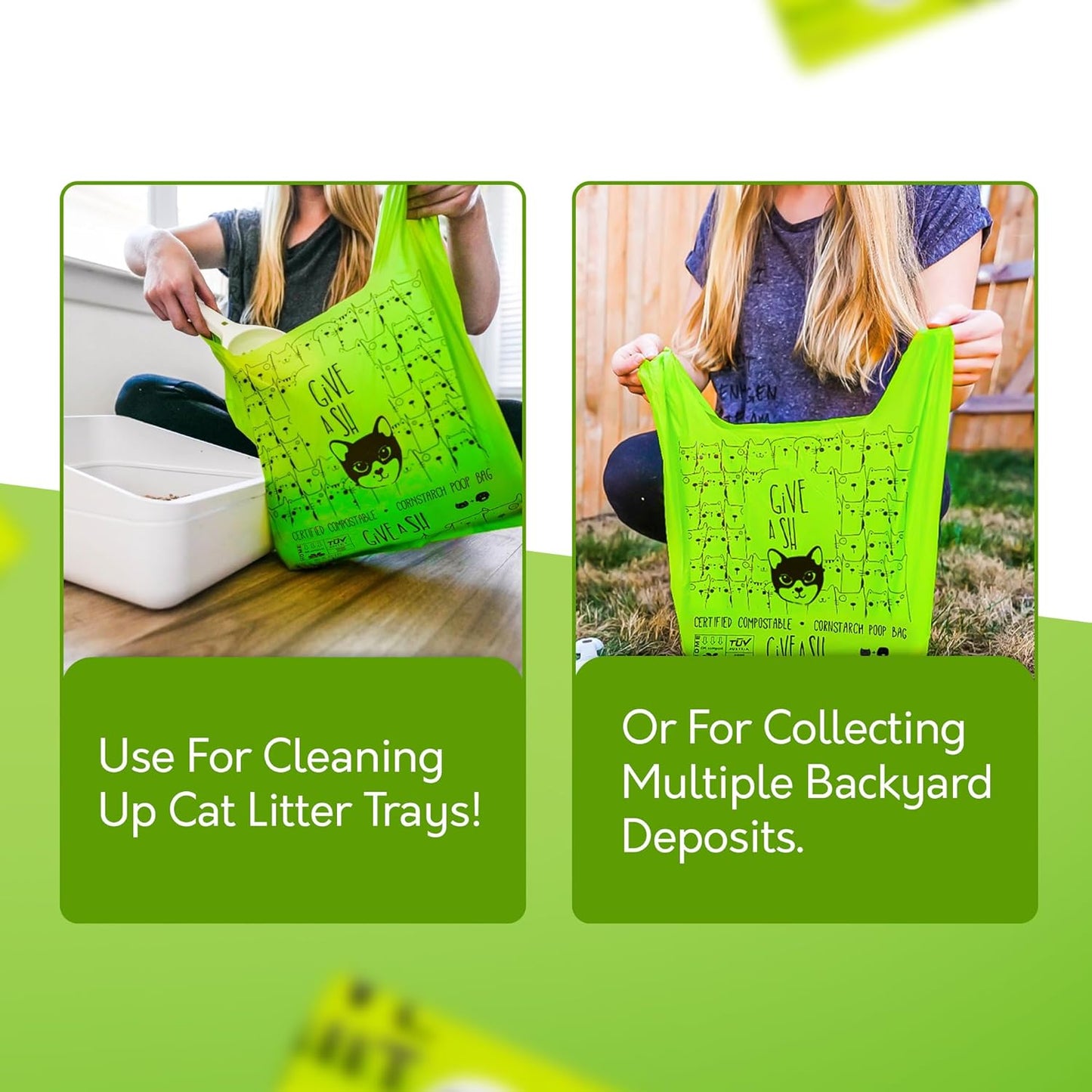 Certified Home Compostable Cat Litter Bags For Poop - 10% to Charity - Cornstarch-Based - For Cleaning Up Litter Trays - NF T51-800 Compliant - 90 Extra Large Disposable Bags