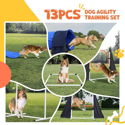 Agility Training Equipment for Dogs,Dog Agility Equipment for Backyard&Indoor Training-Professional Backyard Course with Adjustable Jumps,Collapsible Tunnel,Storage Bags&Toys (Blue, 13 PCS SET)