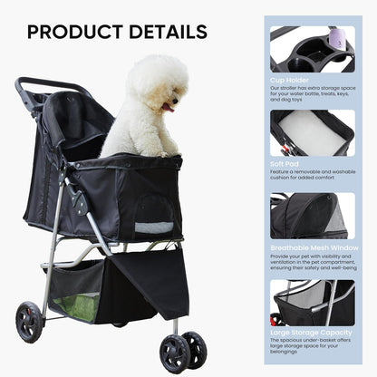 NEWBULIG 3 Wheel Pet Stroller for Dogs and Cats, Foldable, Lightweight and Durable, Ideal for Small to Medium Pets, Includes Storage Basket and Cup Holders