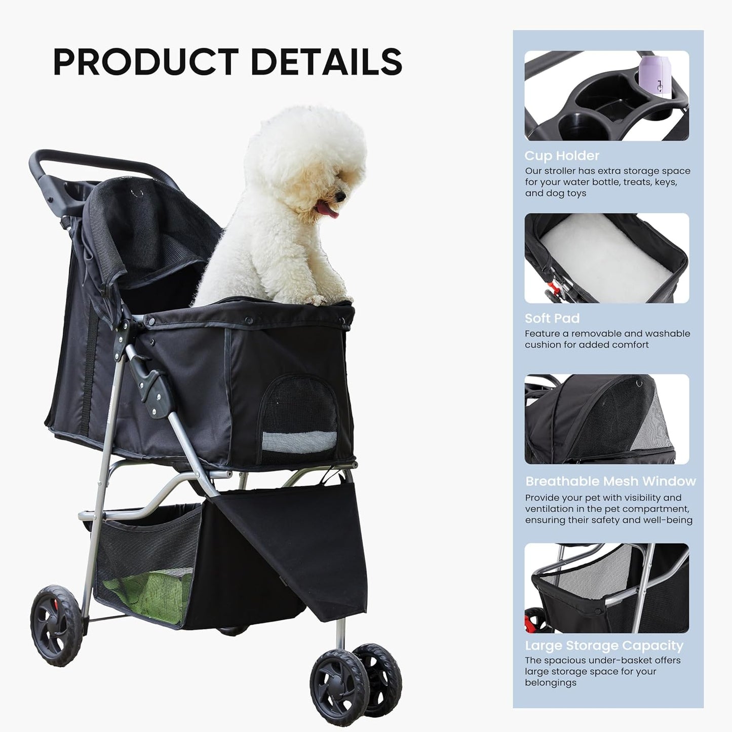 NEWBULIG 3 Wheel Pet Stroller for Dogs and Cats, Foldable, Lightweight and Durable, Ideal for Small to Medium Pets, Includes Storage Basket and Cup Holders