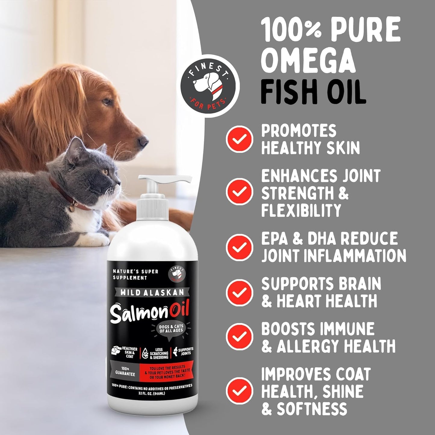 Finest For Pets Wild Alaskan Salmon Oil for Dogs & Cats - Omega 3 Fish Oil with Pollock & Salmon for Sensitive Skin & Coat Health. EPA & DHA Ease Itching, Supports Joint, Immune & Heart Health (16oz)