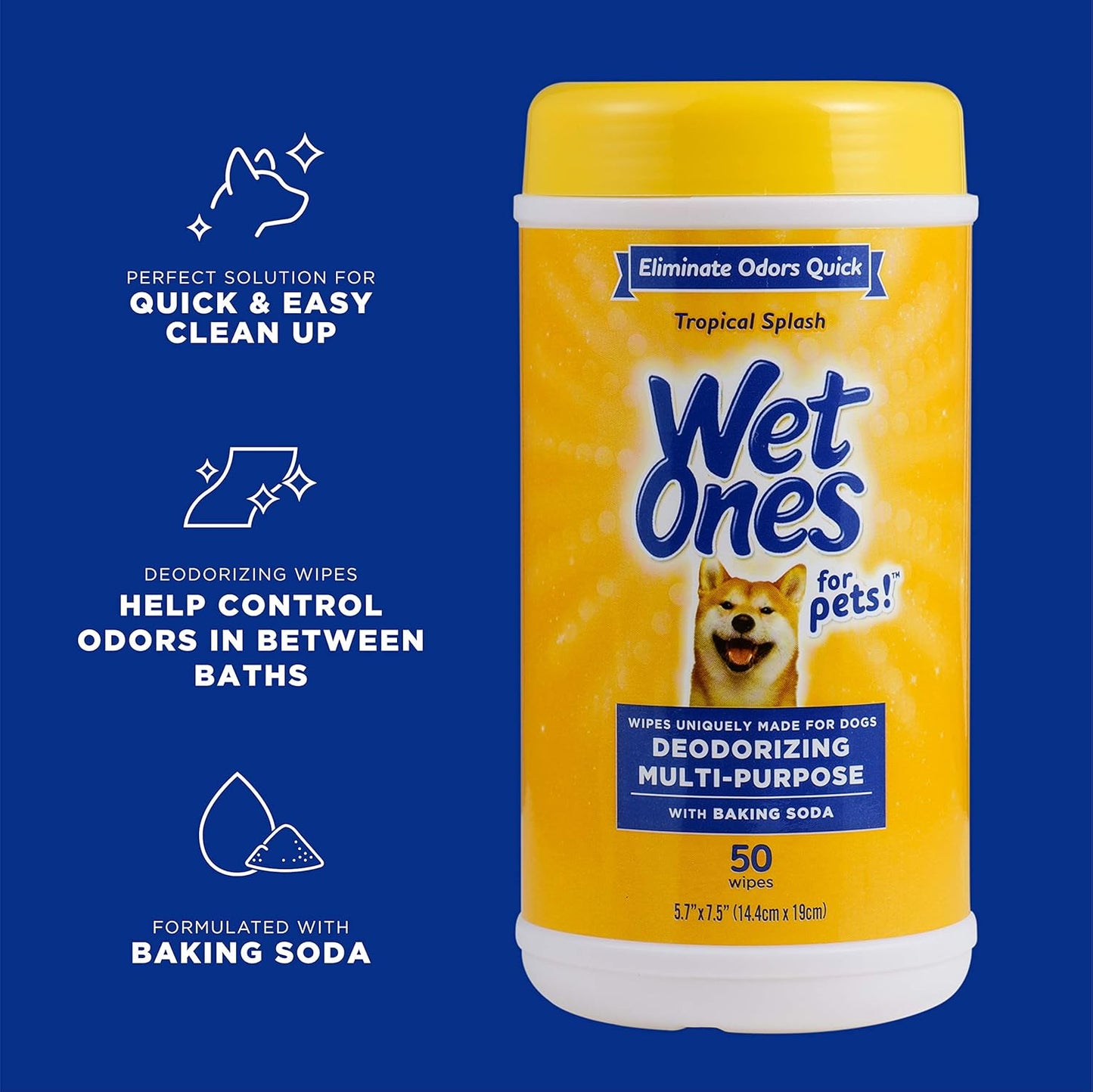Wet Ones for Pets Deodorizing Multipurpose Dog Wipes with Baking Soda, Tropical Splash Scent - Desmellizing Wipes for Dogs in Canister, 50 Count