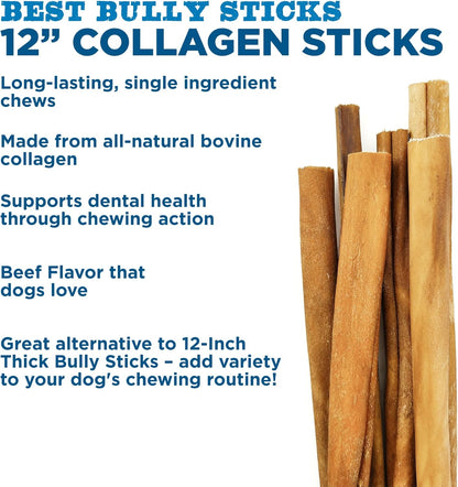 Best Bully Sticks 12 Inch Natural Collagen Sticks for Dogs - 10 Count (Pack of 1) - Long-Lasting, Rawhide Free, Beef Treat