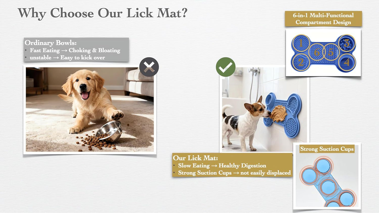 Pet Feeding Dishes,Slow Feeder Lick Mat for Dogs,Cat Licking Mat with Strong Suction Cups - 6-in-1 Interactive Snuffle Mat for Fast Eaters,Anxiety Relief,Grooming & Bath Time (Dark Blue)