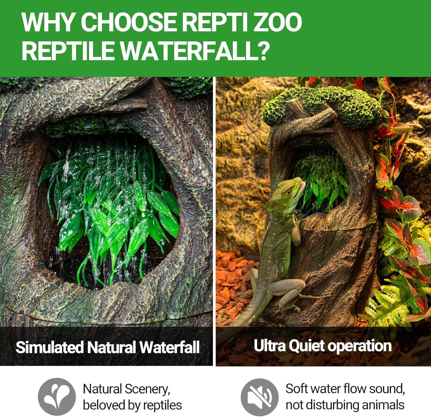 REPTI ZOO Reptile Waterfall Drinking Fountain with Food Dish, 1000ML Large Reptile Terrarium Water Dispenser for Bearded Dragon Chameleon Gecko Lizard Tree Frog