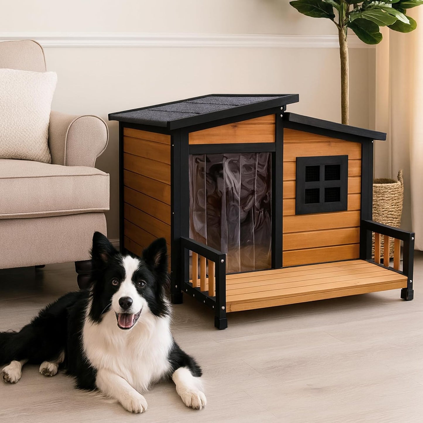 Large Indoor Outdoor Dog House,Wood Insulated Dog House,Weatherproof Outside Shelter with Elevated Floor,Easy to Assemble(39.3" L x 37.5" W x 30" H)