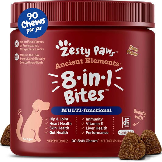 Zesty Paws Dog Multivitamin, Chewable Dog Vitamins and Supplements for Hip & Joints, Skin & Coat, Omega 3 Fish Oil for Dogs- Senior & Puppy Multivitamin - Bison- 90ct
