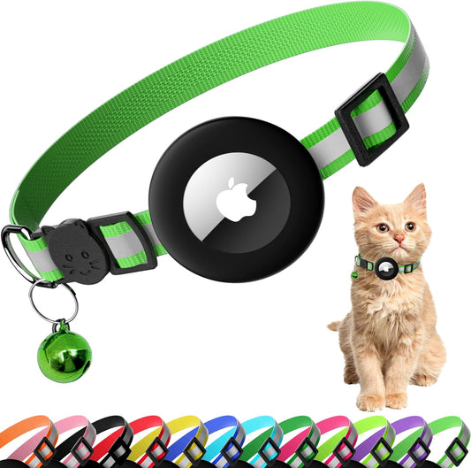 Cat Collar with Air Tag Holder, Reflective Kitten Collar with Bell, Breakaway Airtag Cat Collar for Boys Girls Cats, GPS Tracker for Cats 0.4’’ Width Adjustable Safe Kitty Collar, Light Green
