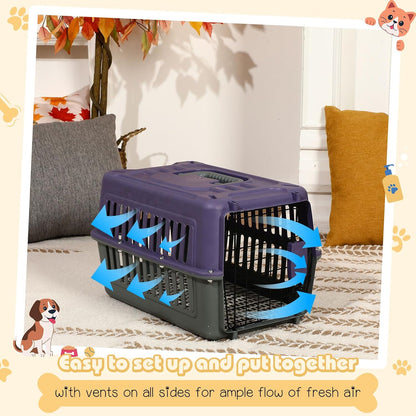2 Set 17.5" Hard-Sided Travel Pet Carriers for Small Dogs and Cats Plastic Dog Crate Cat Kennel with Door, Ventilation and Security Lock Portable Carrier for Car Airline Travel,Up to 13Lbs(Purple)