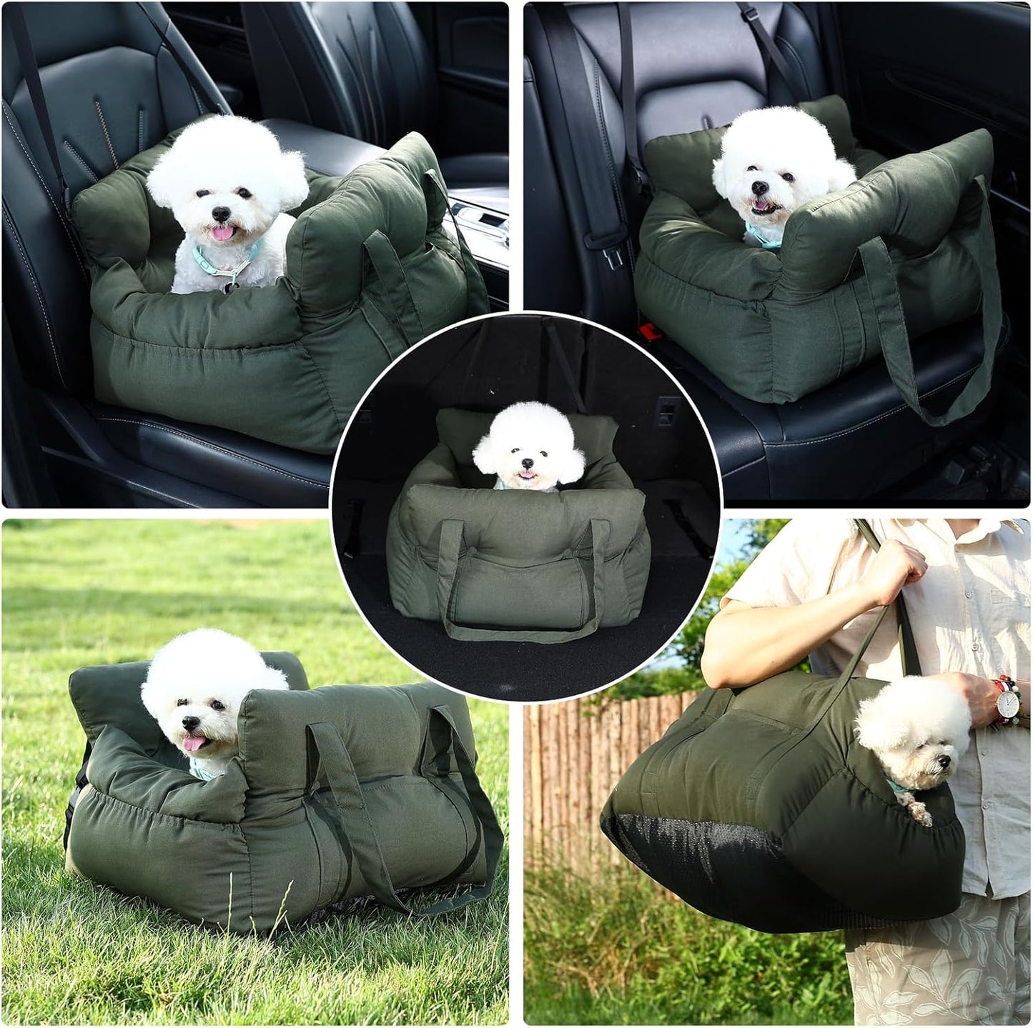 Small Dog Car Seat Up to 15lbs - Pet Travel Bed Booster with Storage, Safety Tether, Anti-Slip Bottom for Cars(Green)