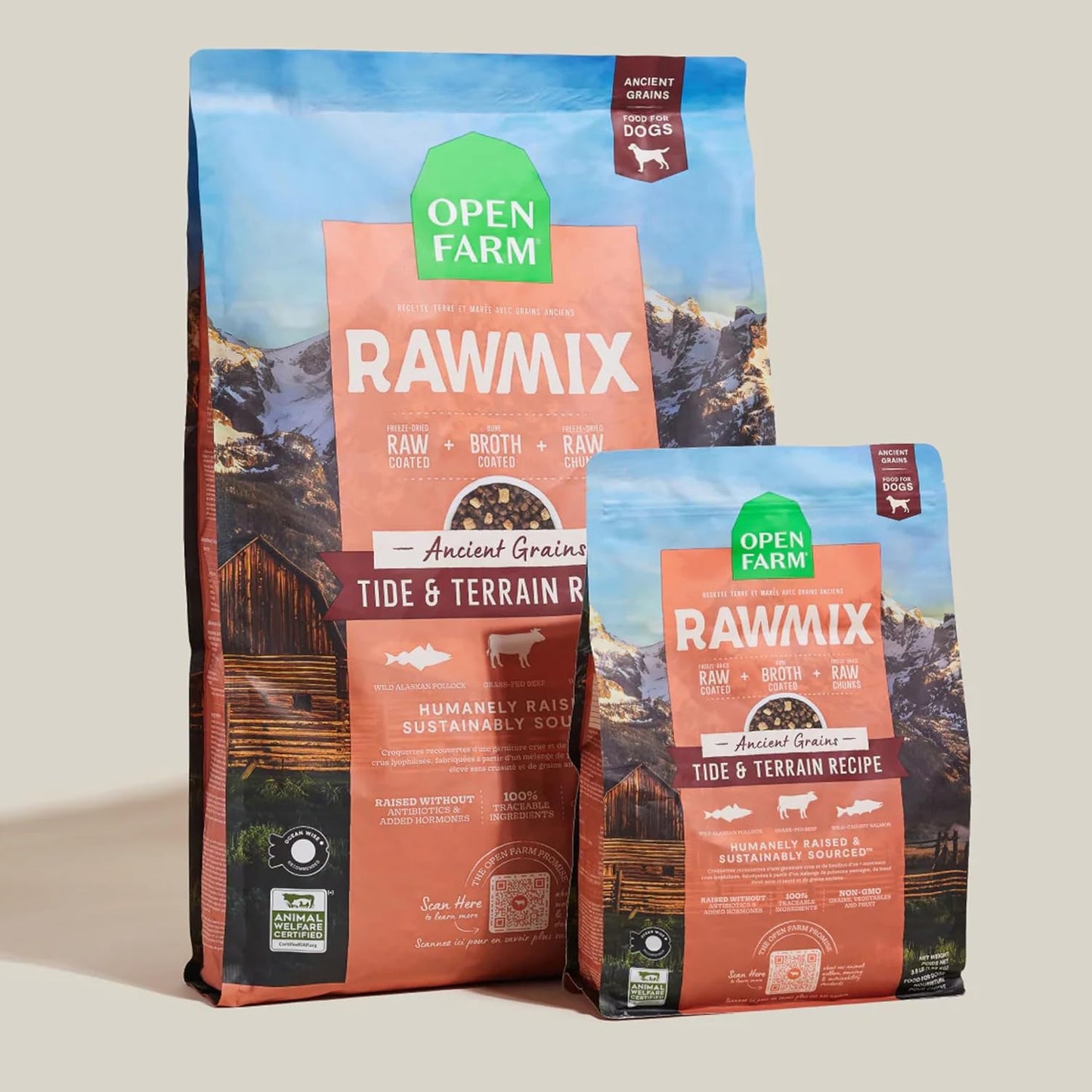 Open Farm, RawMix Dry Dog Food with Ancient Grains, Protein-Packed Kibble Coated in Bone Broth with Freeze Dried Raw Chunks, Pollock Beef & Salmon, Tide & Terrain Recipe, 3.5lb Bag