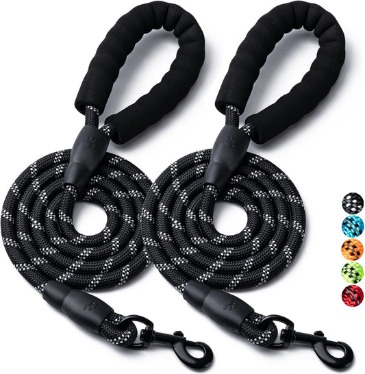 2 Pack Dog Leash, 4/5//6 FT Heavy Duty Nylon Rope Pet Leashes with Comfortable Padded Handle, Reflective Dog Leashes for Small Medium and Large Dogs (5FT-1/2,Black/Black)