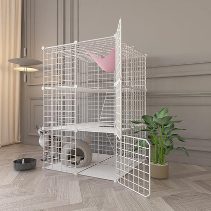 Indoor Cat Cage Enclosure DIY,Cat Playpen Catio Thick Metal Wire Kennels for 1-3 Cats Kitten Cage Detachable Patio Cat Crate (White, 28" L x 28" W x 41" H)