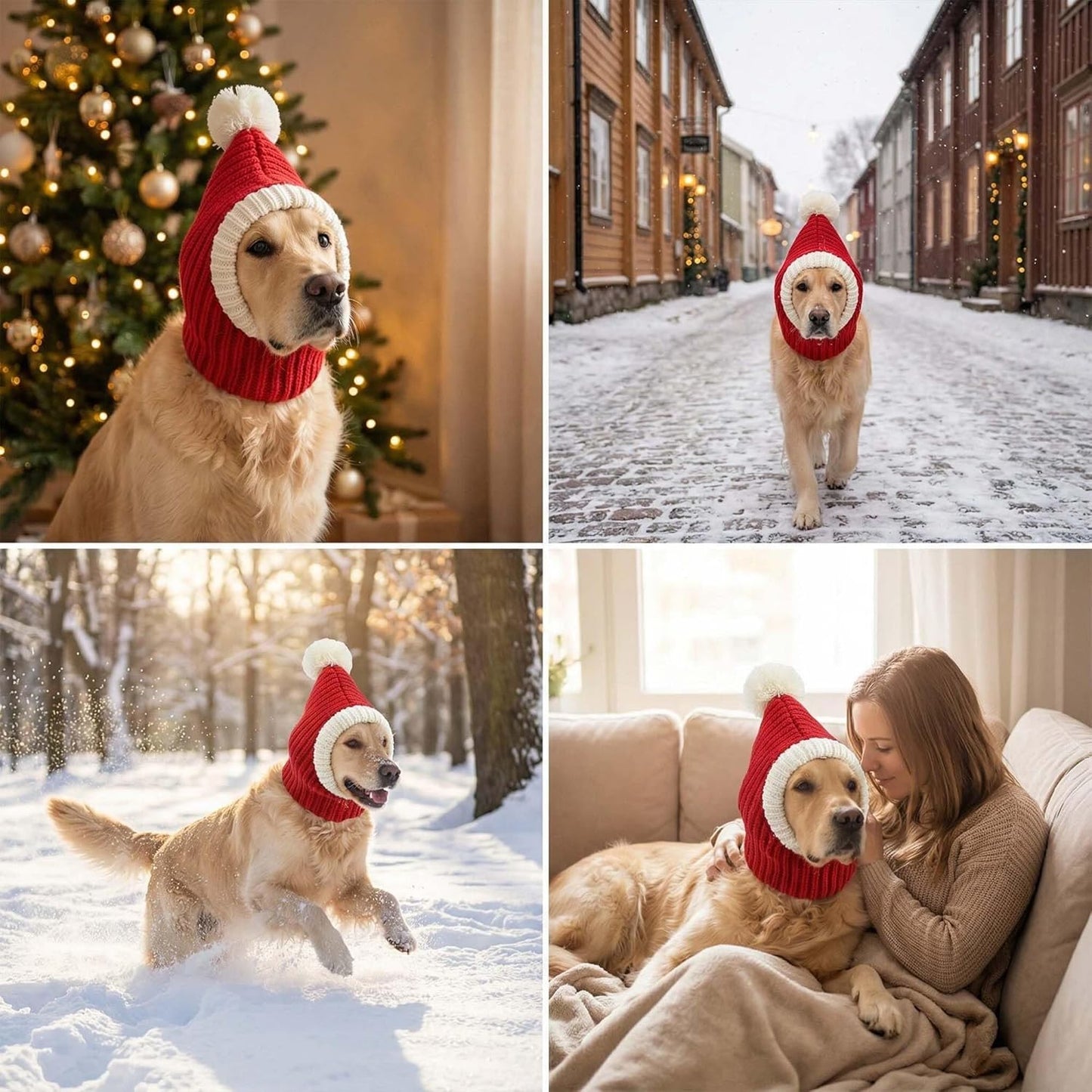 Christmas Dog Hat Costume for Large Medium Dog Warm Winter Dog Hat Neck Ear Warmer Headband Protector for Golden Retriever Labrador(Large, Red)