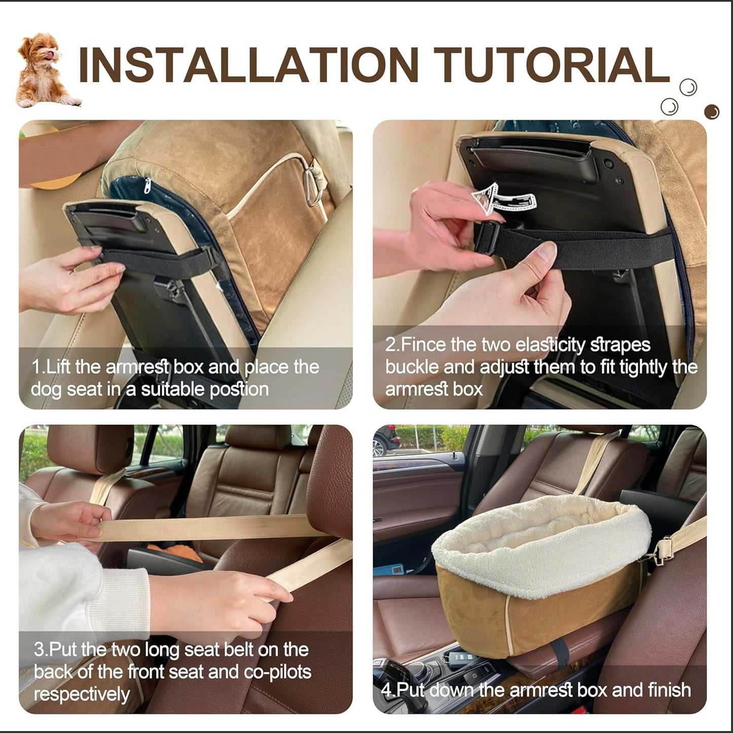 Dog Car Seat for Small Dogs Booster Seat Under 30lbs Pet Car Seat Travel Bed with Storage Pockets and Dog Safety Belt, Frosted-Velvet, Brown