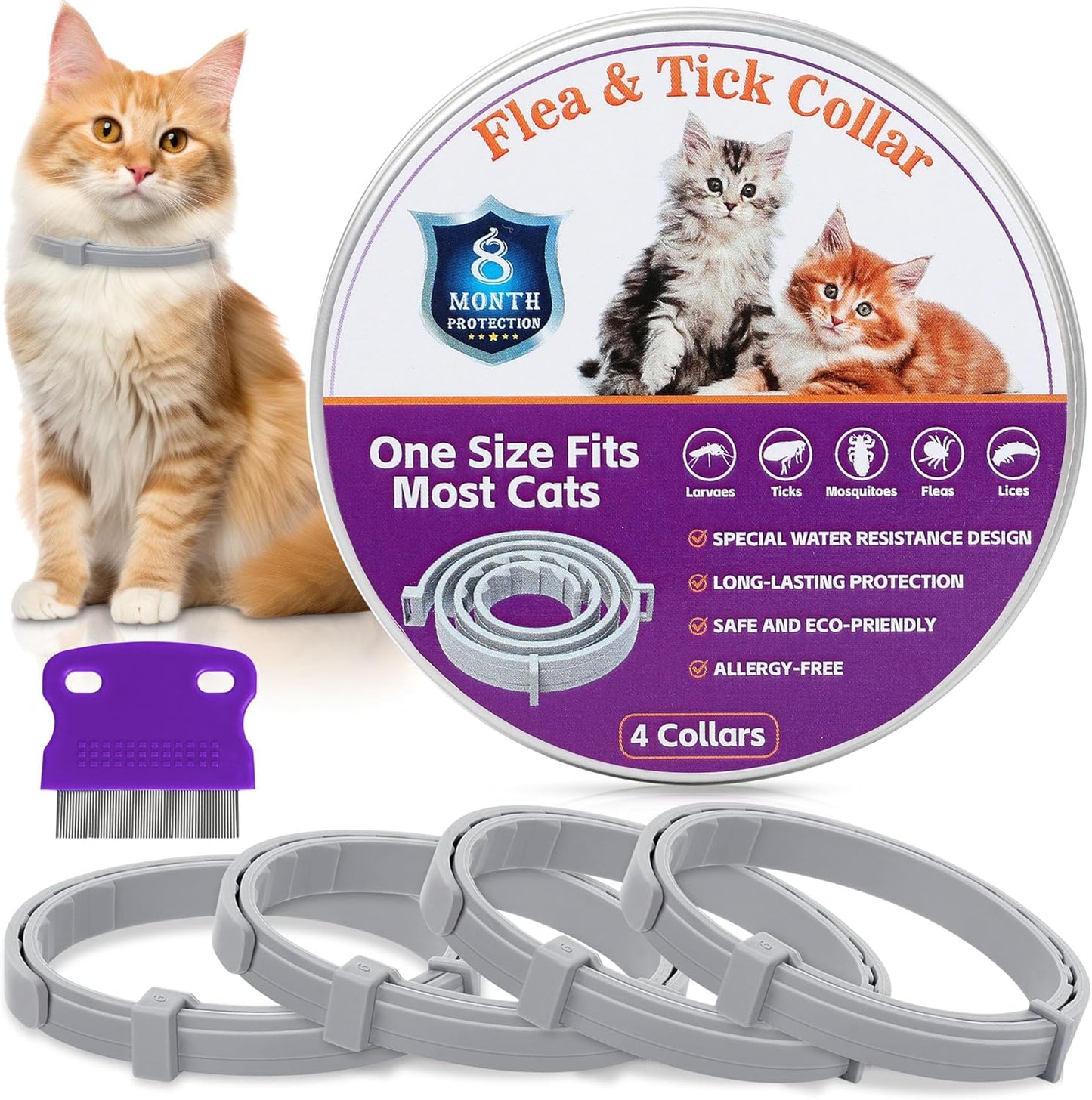 4 Pack Flea & Tick Collar for Cats - 8 Months Long-Lasting Protection and Prevention, Adjustable Cat Flea and Tick Collar
