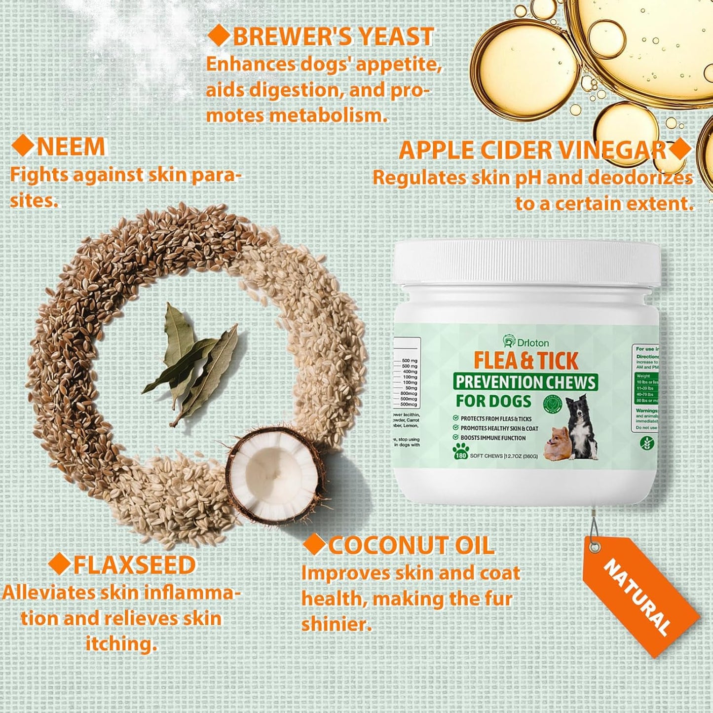 Flea and Tick Prevention for Dogs Chewables - 180 Treats - Natural Dog Flea and Tick Treatment Chewable Supplement for All Breeds & Ages - Soft Chews - Chicken Flavor