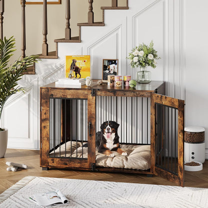 31.5" Wooden Dog Crate Furniture, Indoor Dog Kennel End Table with Dual Doors, Rustic Decorative Pet House Cage, for Medium-Size Dogs, Chew-Resistant, Ventilated, Brown