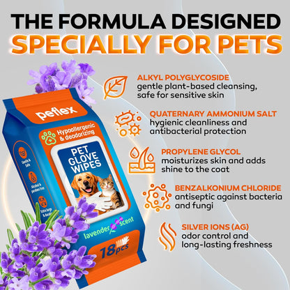 2026 New – Pet Cleaning Glove Wipes for Dogs & Cats – Wet Deodorizing Grooming Gloves for Paws, Body, Ears, Face & Coat – Hypoallergenic Hydrating Lavender Scent – Daily Care & Travel Use – 18 Count