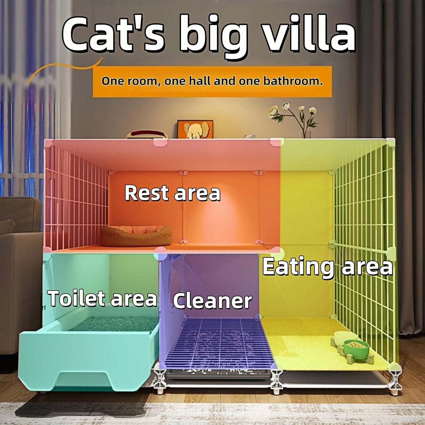 Indoor Cat Cage with Litter Box,Complimentary Cat Bed, Bowl Double-Layer Cat House with Wheels Outdoor Large Cat Enclosure, Small Animal Dog Kennel(41.8″(L) x18.1″(W) x32.3″(H))