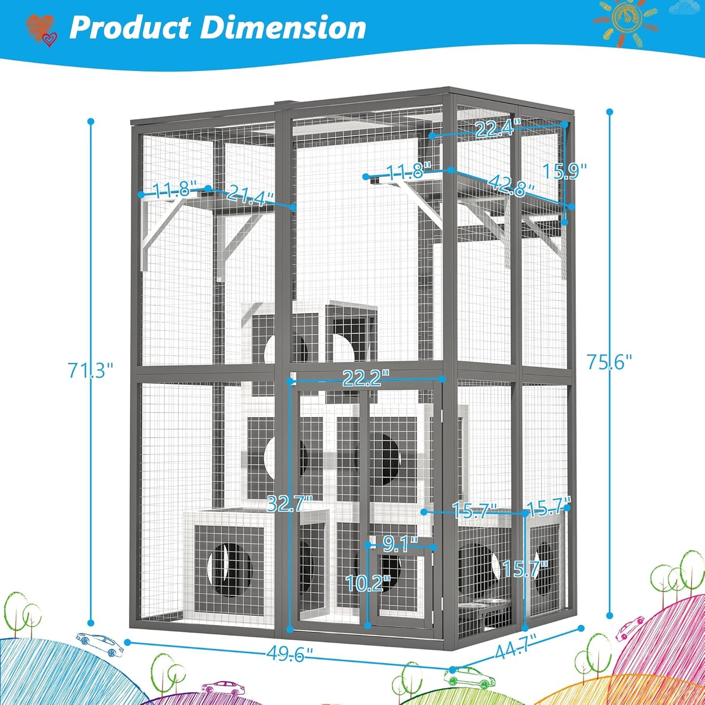 Outdoor Wooden Cat Catio,Large Walk-in Solid Wood Cats Enclosure with 2 Jumping Platforms & 7 Cozy Napping Houses,Weatherproof Flat Roof,Indoor/Outdoor Cat Playpen and Kennel Shelter,75.6" H Gray
