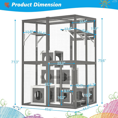 Outdoor Wooden Cat Catio,Large Walk-in Solid Wood Cats Enclosure with 2 Jumping Platforms & 7 Cozy Napping Houses,Weatherproof Flat Roof,Indoor/Outdoor Cat Playpen and Kennel Shelter,75.6" H Gray
