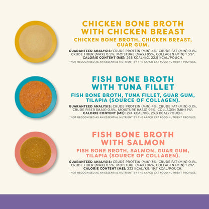 Applaws Natural Bone Broth Wet Cat Food Topper, Limited Ingredient Broth for Cats, Protein Wet Food Topper for Cats, Fish and Chicken Variety Pack(6 x 3oz Spout Pouches)