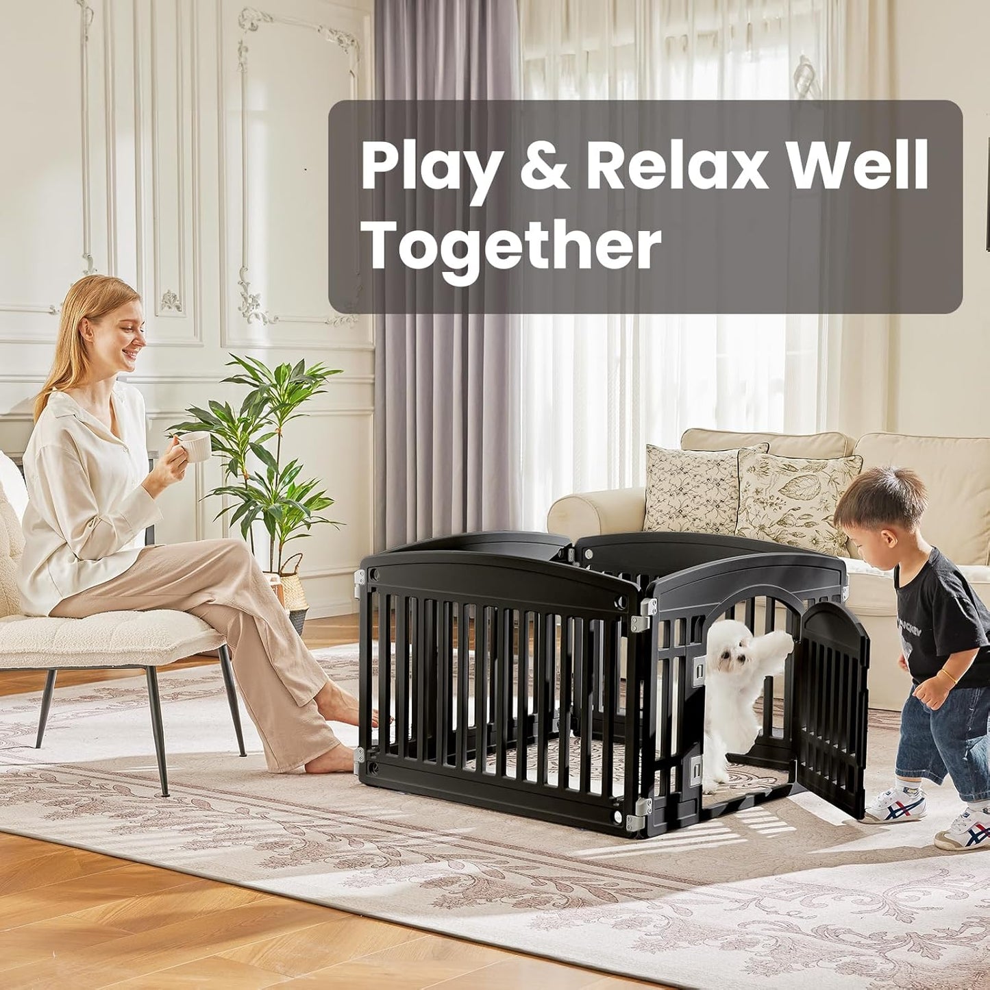 SMUG Dog Playpen 6-Panel 24 Inch Safe Secure Indoor Outdoor Pet Fence, Folding Portable 35 x 35 x 24IN, Ideal for Small to Medium Dogs Easy to Clean (Black)