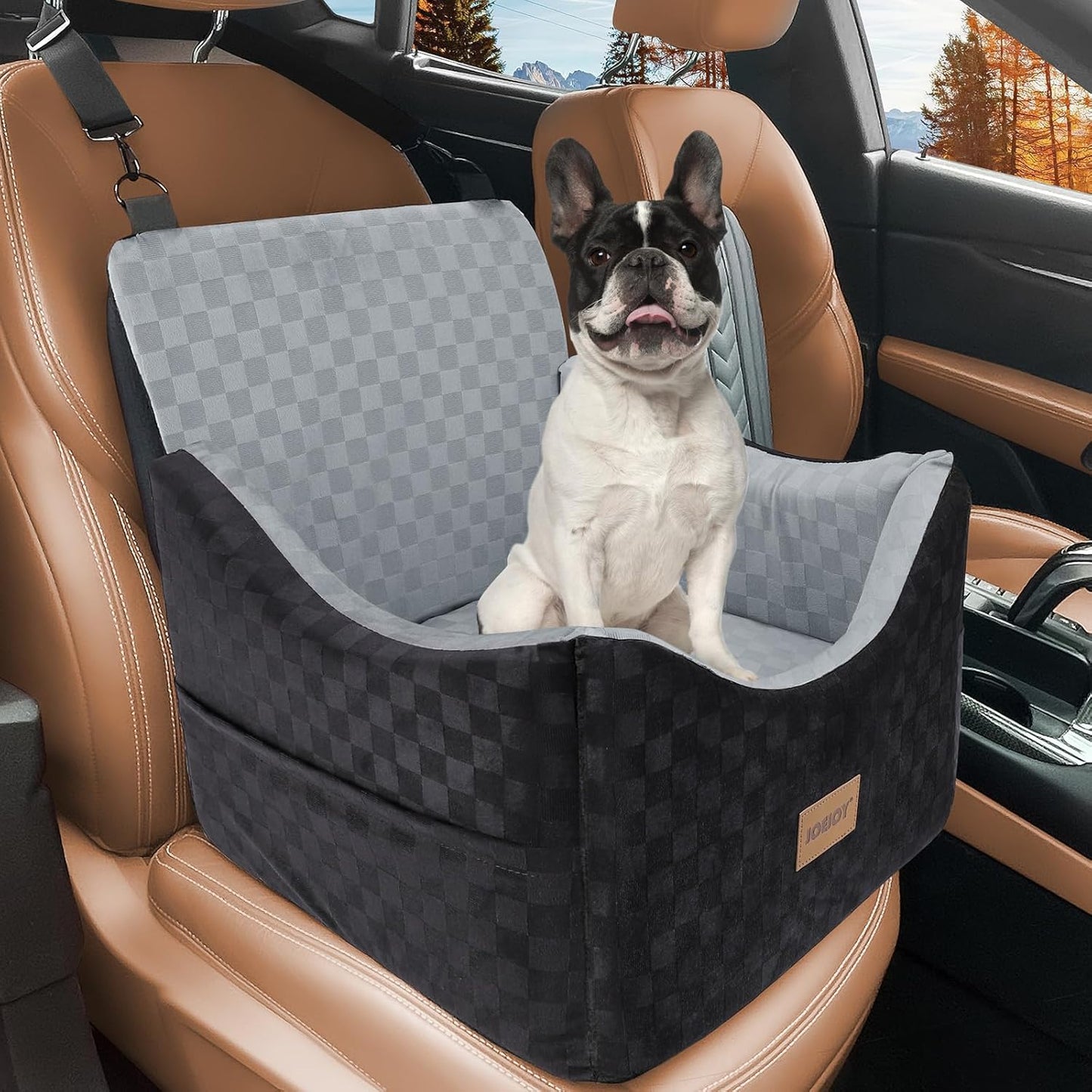 JOEJOY Elevated Dog Car Seat for Small/Medium Dogs up to 35 lbs, Memory Foam Booster Seat with Detachable Washable Cover, Travel-Safe Car Bed with Safety Belts & Storage Pockets, Grey