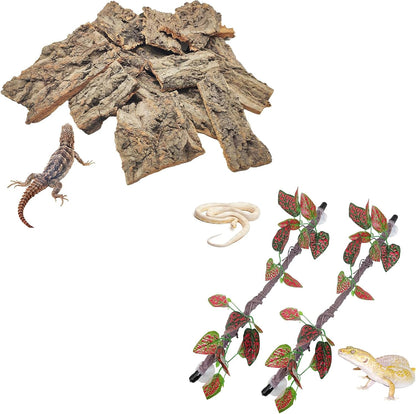 VCEPJH Reptile Bark Bedding,1 LB Natural Cork Bark for Geckos and Reptile Climbing Branch Decor 2 Pcs Bendable Jungle Vine with Suction Cup Terrarium Plant for Gecko Bearded Dragons, Snake,Frog