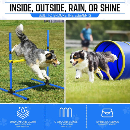Dog Agility Equipment – Portable Backyard Agility Course with 9ft Dog Tunnel, Weave Poles, Hoop Jumps, Collapsible Water Bowl & More – Dog Training Kit for Indoor & Outdoor