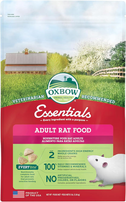Oxbow Essentials Rat Food, Pet Food for Adult Rats, All-Natural Vitamin & Mineral Rich Formula, Veterinarian Recommended, Oxbow, Rodent Pellets, Made in USA, No Artificials, 3 lb. Bag