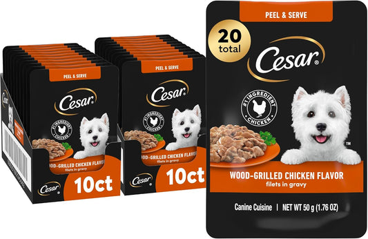 Cesar Filets in Gravy Wet Dog Food, Wood-Grilled Chicken Flavor, 1.76 oz. Mini-Pouches, 20 Count (Pack of 1)