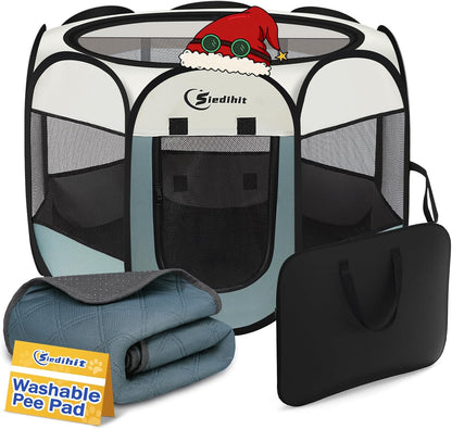 Dog Playpen with Washable Pee Pad, Puppy Pet Cat Playpen Small Dogs Tent Crate Indoor/Outdoor, Portable Pop Up Kennel with Carrying Case for Cats/Rabbits(Grey,Small with pad)