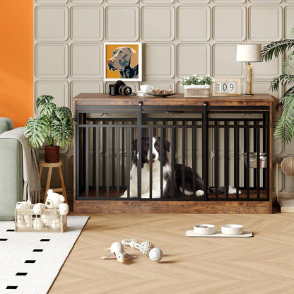 Double-Door Dog Crate Furniture, 55 Inch Rustic Wooden Indoor Dog House Side Table for Small to Medium Dogs, Chew-Resistant Pet End Table, Brown