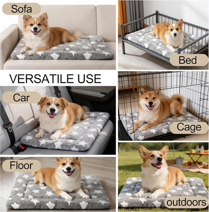 Dog Crate Mat, 4 Piece Reversible Pet Bed, Polyester, Machine Washable, Small Dogs & Cats, Rectangular, 24 x 18 x 1.3 Inches (Gray Star, 24" L x 18" W x 1.5" Th)