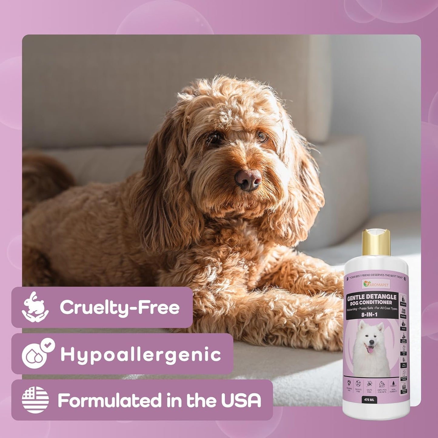 Gentle Detangle Dog Conditioner – 8-in-1 Leave-in Moisturizing Formula | Puppy Safe | Detangles & Softens Fur | 475 ml | for All Coat Types