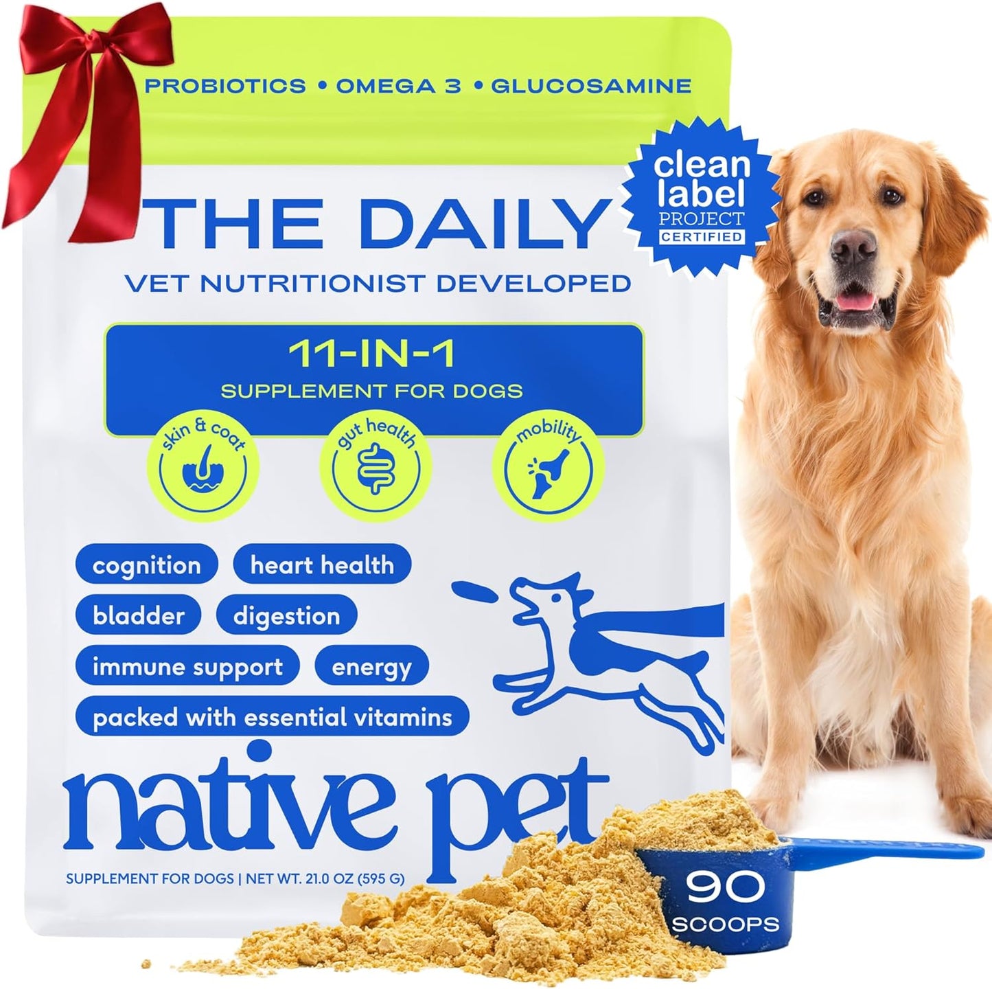 Native Pet Dog Vitamins & Supplements - 11-in-1 Vitamin Powder for Dog Food Topper - Collagen, Glucosamine, Probiotics, Omega & More- Supports Healthy Gut, Mobility & Overall Health - 90 Scoops