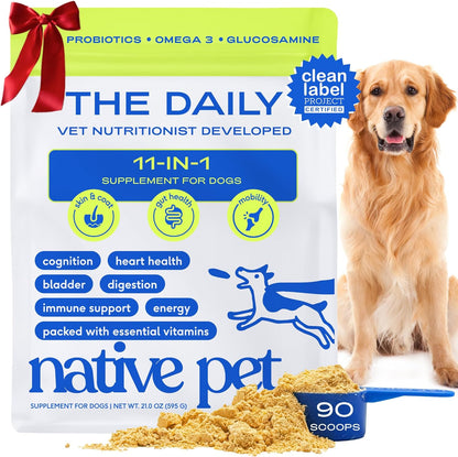 Native Pet Dog Vitamins & Supplements - 11-in-1 Vitamin Powder for Dog Food Topper - Collagen, Glucosamine, Probiotics, Omega & More- Supports Healthy Gut, Mobility & Overall Health - 90 Scoops