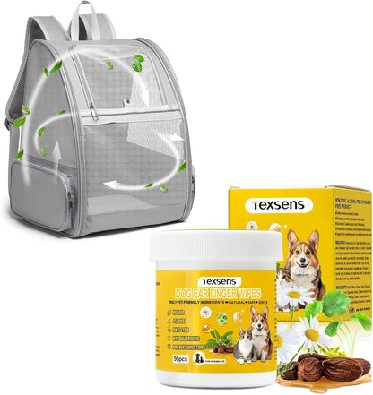 Texsens Pet Backpack(Grey) & Ear Care Wipes Combo‌