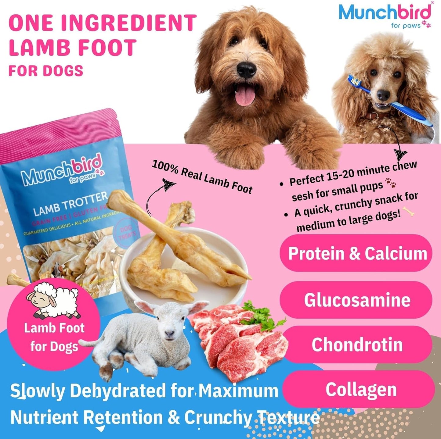 Munchbird Lamb Trotter Dehydrated Dog Treats Natural Glucosamine for Dogs Chondroitin for HIPS and Joints Lean Hypoallergenic Protein Rawhide Free. Alternative to Duck Feet Lamb Ears (4.5 oz)