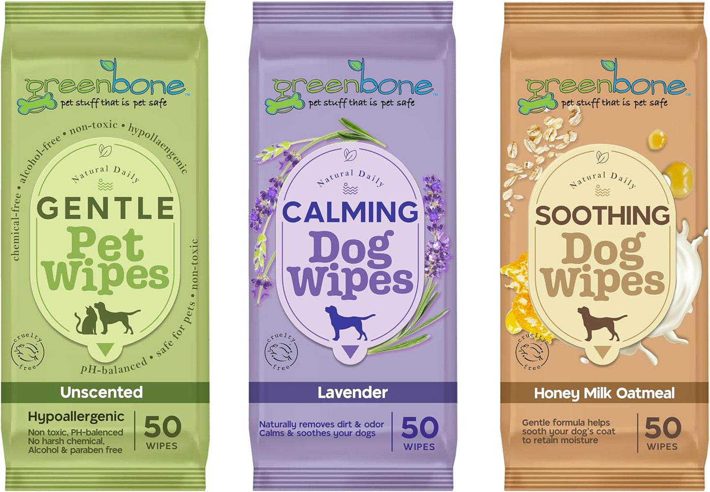 Greenbone On-The-Go Pet Wipes Bundle Pack - 150 Total Wipes (50 Each of Unscented, Lavender, Honey Milk Oatmeal) - Gentle Cleaning for Dogs and Cats