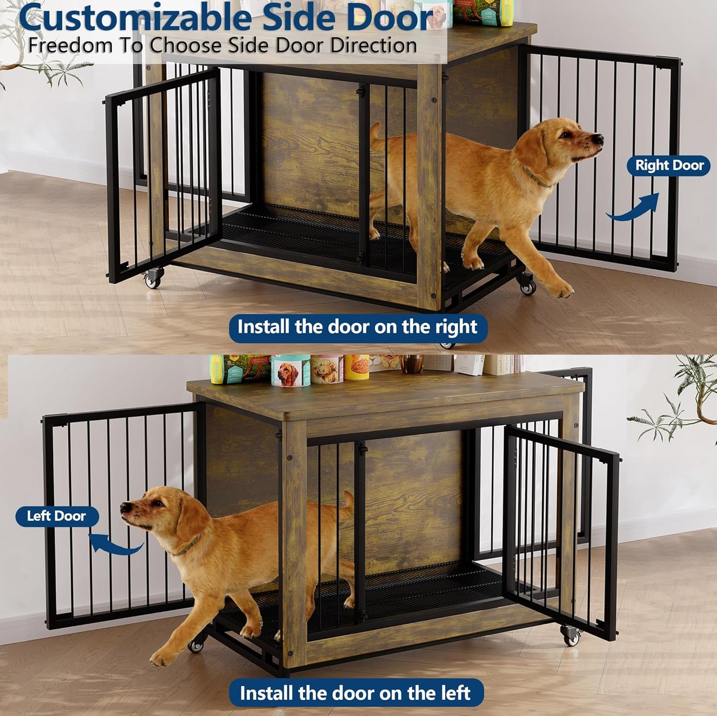 38.6'' Rustic Wood Dog Crate Furniture with Pull-Out Tray, Wheels & 3 Doors, Indoor Kennel Heavy Duty Dog Kennel with Removable Tray, Side Table for Small Medium Breeds Easy Assembly & Cleaning