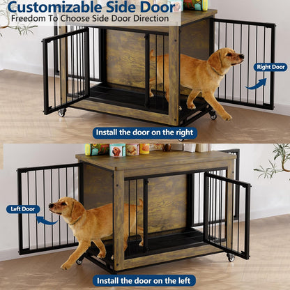 38.6'' Rustic Wood Dog Crate Furniture with Pull-Out Tray, Wheels & 3 Doors, Indoor Kennel Heavy Duty Dog Kennel with Removable Tray, Side Table for Small Medium Breeds Easy Assembly & Cleaning